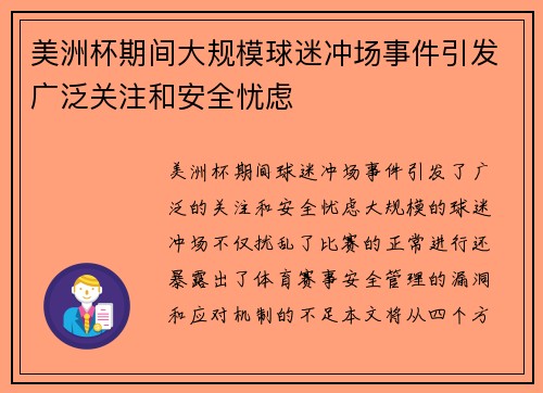 美洲杯期间大规模球迷冲场事件引发广泛关注和安全忧虑 美洲杯期间大规模球迷冲场事件引发广泛关注和安全忧虑