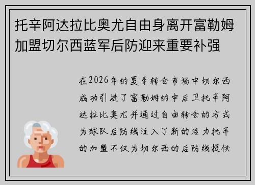 托辛阿达拉比奥尤自由身离开富勒姆加盟切尔西蓝军后防迎来重要补强 托辛阿达拉比奥尤自由身离开富勒姆加盟切尔西蓝军后防迎来重要补强